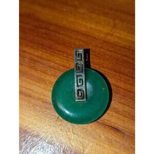 Green Jade Buddhist Amulet Pendant with Silver Bail
